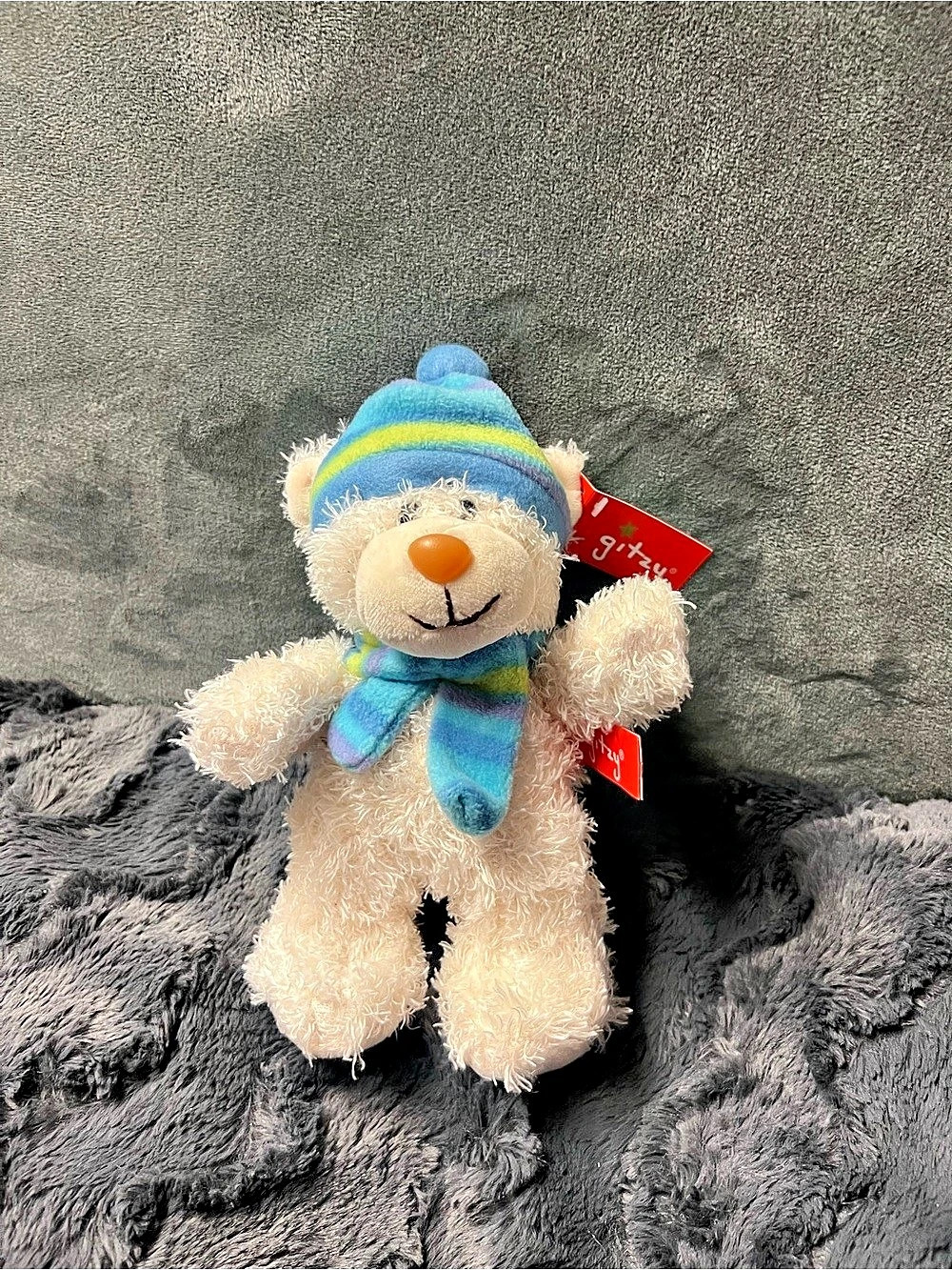 Gitzy Winter Polar Bear Plush with Blue Striped Hat and Scarf 2017